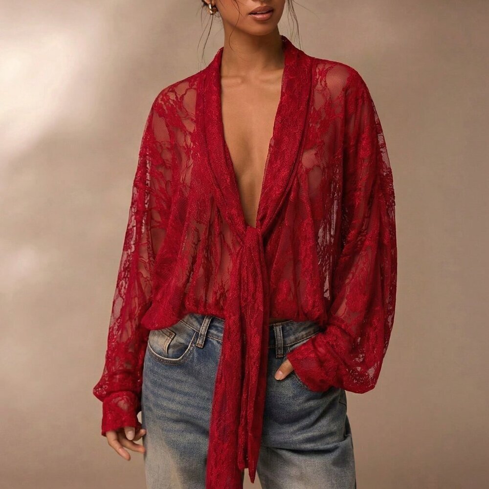 Red Sexy Women's Patterned Sheer Kimono Blouse